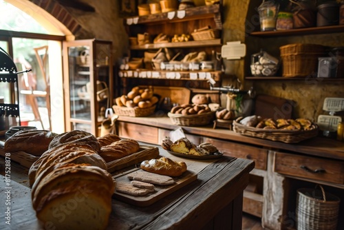 A bakery with fresh, delicious goods in the countryside, a Blurred bakery shop in a wholesale store with fresh baked bread on wooden shelf, AI generated