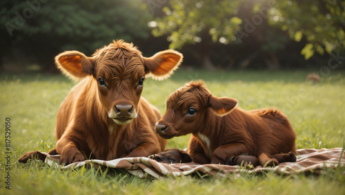 Two calves lying on a blanket in a grassy field.

 photo