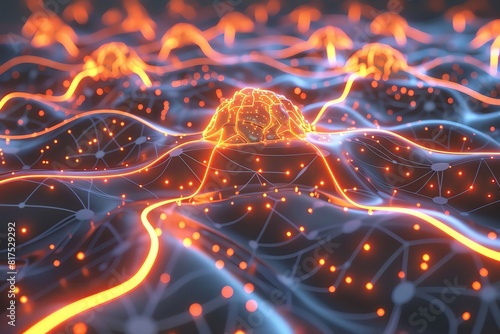 Glowing neural network top view  illuminated brain connections  technology tone  vivid