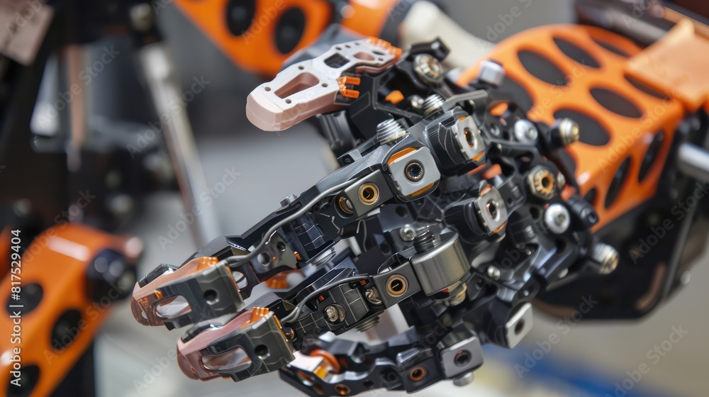 A robotic hand with orange and black parts