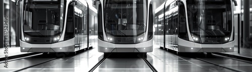 Public transportation system symbolizing carbon emission reduction, urban background, front view, highlighting mass transit solutions, robotic tone, black and white photo