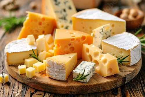 Assortment of cheese on wooden table, closeup. Dairy products. Cheese Selection. Large assortment of international cheese specialities.