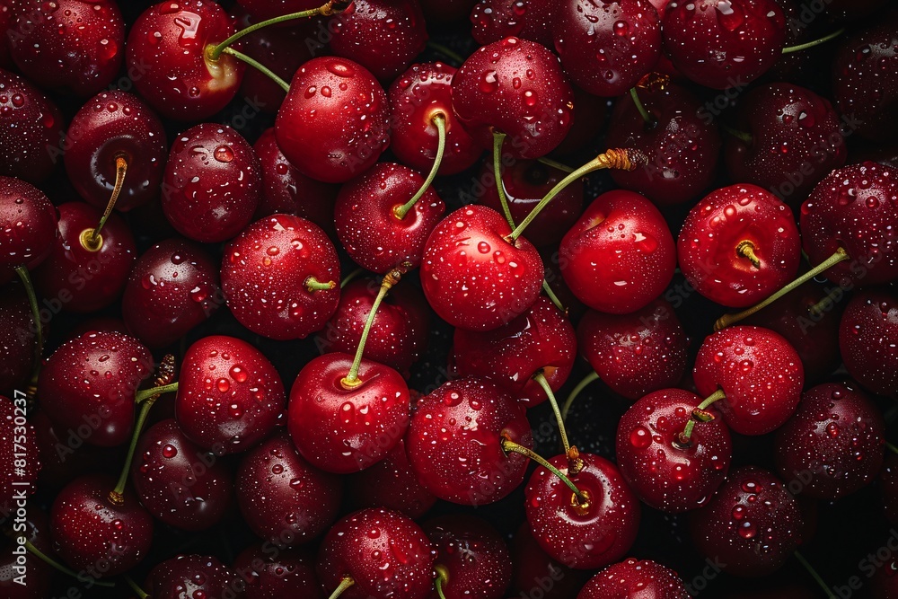 Close-up view of fresh, wet cherries covering the entire image, with drops of water on their glossy skin. Close-up view of fresh, wet cherries covering the entire image, with drops of water on their glossy skin.