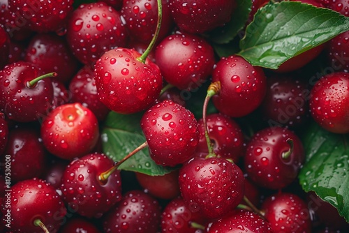 Close-up view of fresh, wet cherries covering the entire image, with drops of water on their glossy skin.
