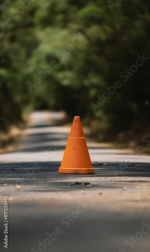 Traffic cone on the road. Shallow depth of field.