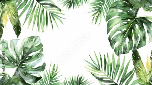 Watercolor painting of green palm leaves on a white background  copy space