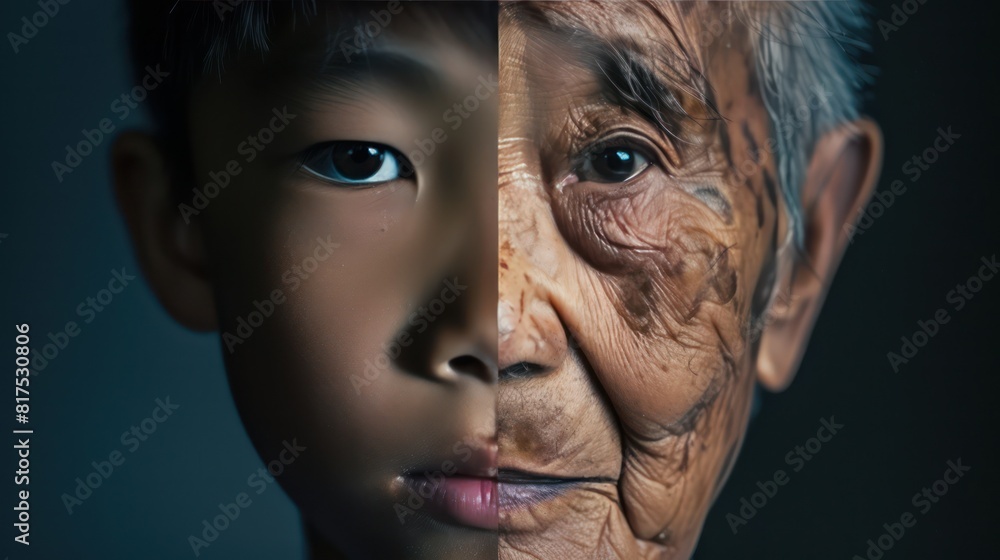 The face is divided into two halves - half of an Asian boy and half of an old Asian man. Distinguishing childhood and old age, aging, maturation, longevity, lifespan, aging, gerontology. The face is divided into two halves - half of an Asian boy and half of an old Asian man. Distinguishing childhood and old age, aging, maturation, longevity, lifespan, aging, gerontology.