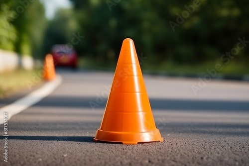 Close up of an orange traffic cone on the road copy space