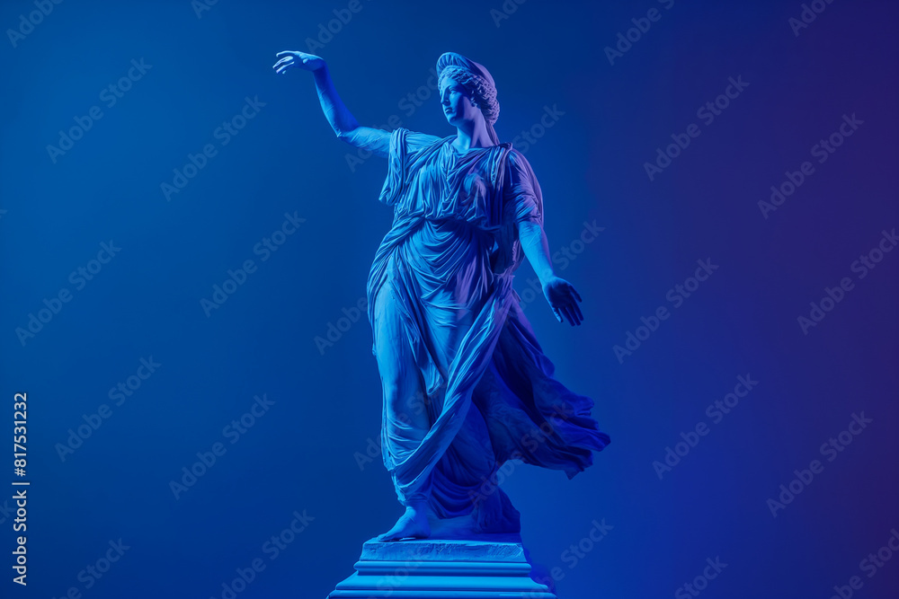 Fototapeta premium 3d rendering of ancient greek -roman musician statue dancing . Creative concept colorful neon image with vivid cobalt blue color background, fashionable, trendy ,isolated background