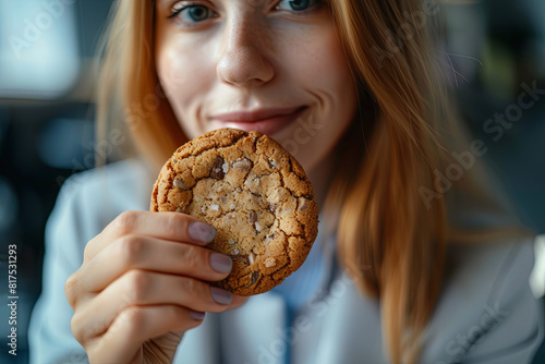 A woman in the office takes a break with a cricket cookie, consciously choosing a healthy and eco-friendly snack photo