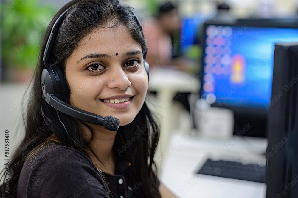 Smiling young Indian woman wearing a headset in a modern, plant-filled office, working as a customer support representative. Smiling young Indian woman wearing a headset in a modern, plant-filled office, working as a customer support representative.
