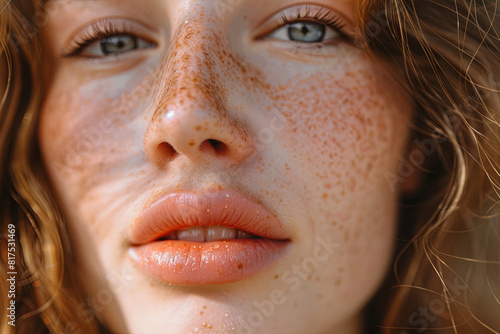 Close-up highlighting the natural beauty of a freckled girl's lips and the artistry of makeup