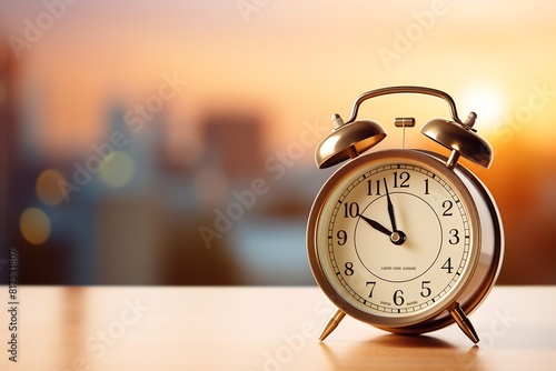 Alarm clock on the table with city background