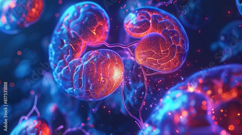 Flowing Adrenal Glands Adrenal glands with luminous background filled with various hues of blue and purple, resembling an abstract space Bright, glowing balls of light, like plasma, float around photo