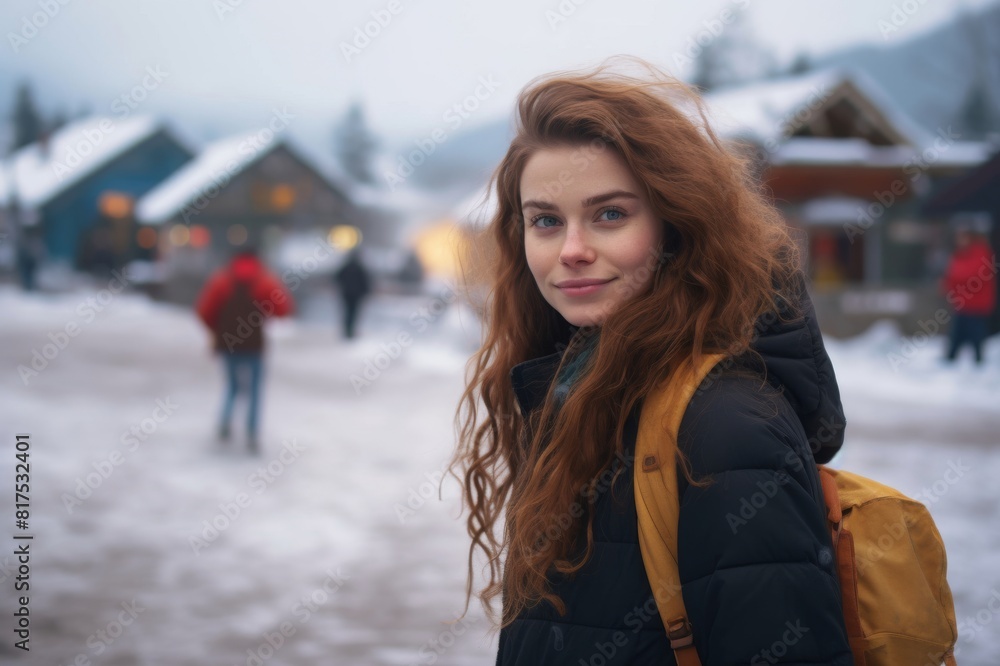 woman in a winter village looking happily at camera