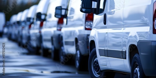 Image of white vans in a row at a dealership lot. Concept Car Dealership, Vehicle Inventory, White Vans, Automotive Retail, Transportation Options