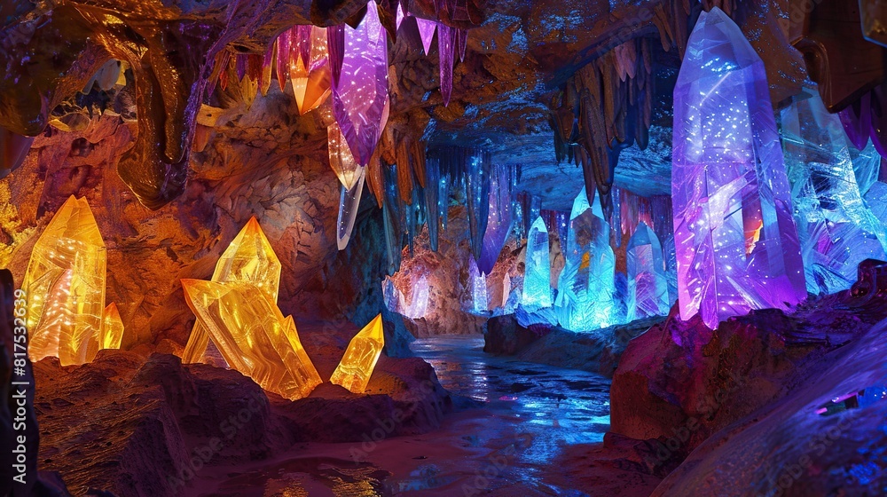 I imagined an image of a serene cave with glistening stalactites and stalagmites, surrounded by majestic rock formations The cave is illuminated by soft natural light