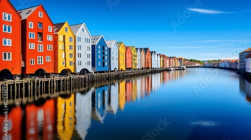 Colorful houses over water in Trondheim city. photo