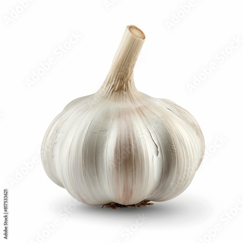 Single clove of garlic resting on a plain white background