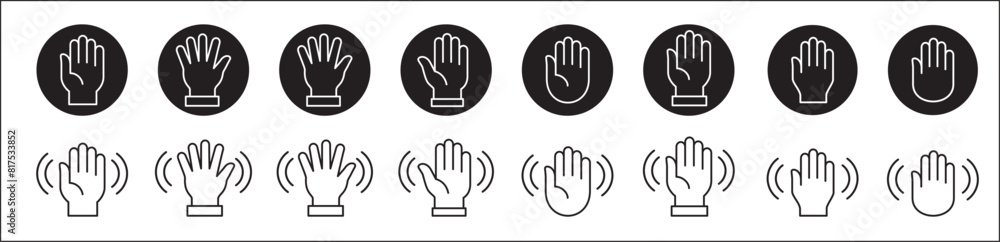 Wave hands icon. Hand gesture sign. Palm hand icon set. Hands icon symbol of greeting, goodbye, hello. Vector graphic design in outline round style for user interface and buttons. Wave hands icon. Hand gesture sign. Palm hand icon set. Hands icon symbol of greeting, goodbye, hello. Vector graphic design in outline round style for user interface and buttons.