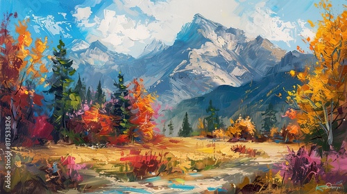 A serene autumn landscape in the mountains  with the sun casting a warm glow over the scene