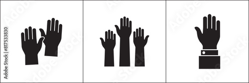 Raise hand symbols. Raised hands icon. Hand sign. Symbol or logo of peoples, community, organization, democracy, donation, charity. Vector stock graphic design in flat style isolated on white.
