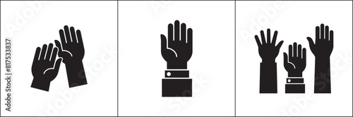 Raised hands icon. Raise hand symbols. Hand sign. Symbol or logo of peoples, community, organization, democracy, donation, charity. Vector stock graphic design in flat style isolated on white.
