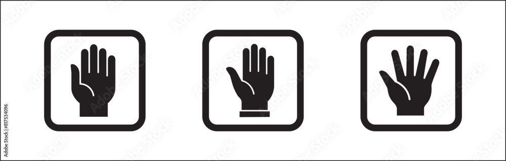 Hands icon set. Hand stop signs. Palm hand inside square sign. Raise hand sign. Hands gesture symbol. Vector graphic design illustration isolated in white background. Hands icon set. Hand stop signs. Palm hand inside square sign. Raise hand sign. Hands gesture symbol. Vector graphic design illustration isolated in white background.