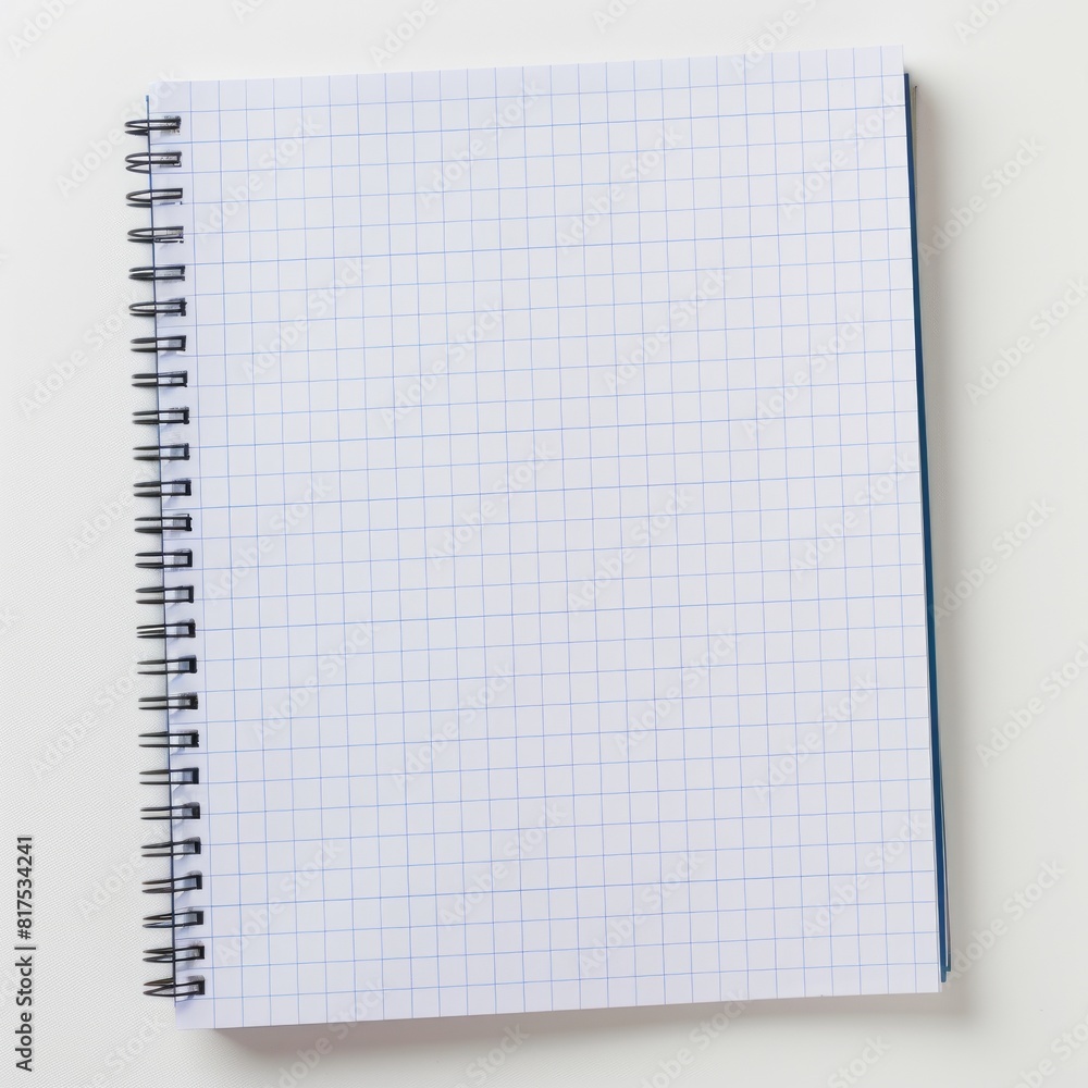 A spiral notebook with graph paper pages, laid flat on a white background A spiral notebook with graph paper pages, laid flat on a white background
