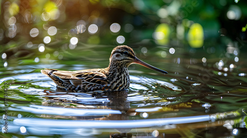 Common Snipe (Gallinago gallinago)in its natural environment  a bird that lives in wetlands and feeds. Common Snipe on the lake in blue water., Generative AI photo