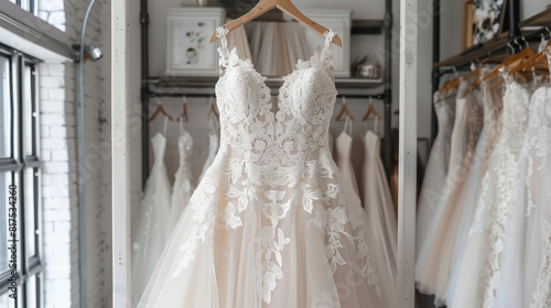 A romantic lace wedding gown with a sweetheart neckline and full tulle skirt, displayed on a polished wooden hanger in a bridal boutique showroom, embodying dreams of timeless romance and happily