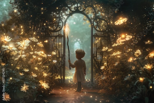 Happy children walking at magical door to enter garden decorated with glowing flower with fantasy cloth while holding wand. Young beautiful princess holding magical wand while going at forest. AIG42. © Summit Art Creations