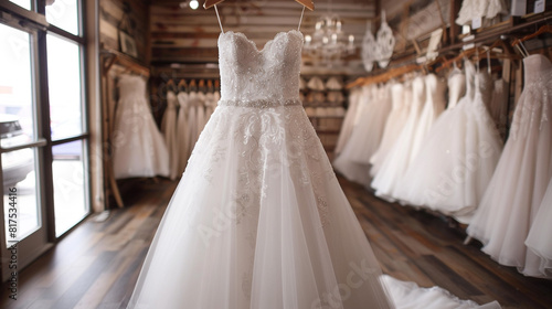Lace wedding gown with a sweetheart neckline and full tulle skirt, displayed on a polished wooden hanger in a bridal boutique showroom, embodying dreams of timeless romance and happily ever after.