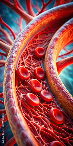 Macro shot of a blood vessel, showing its endothelium and blood flow photo