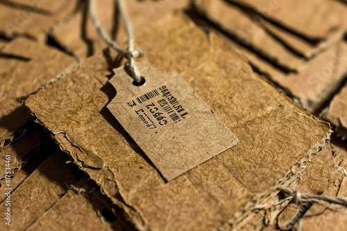 Brown paper tags attached to cardboard pieces in a workspace showcasing organization and labeling efforts photo