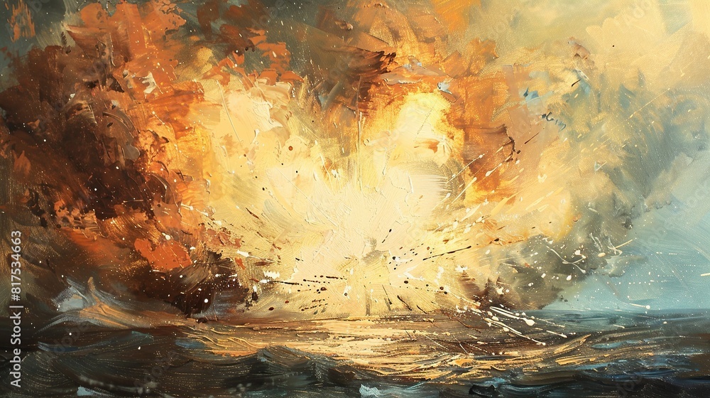 A fiery explosion illuminates the water's surface, creating a dramatic clash of elements in this vivid, textured artwork