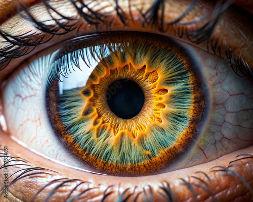 Detailed close-up of a human eye  showcasing the intricate patterns of the iris and pupil