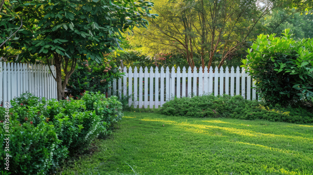 Backyard with white fence and green lawn Backyard with white fence and green lawn