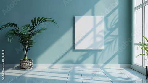 Dinding biru minimalis dengan lukisan kosong yang menonjolkan bayangan dari jendela photo