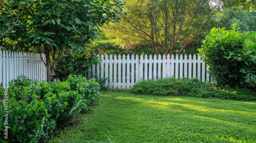 Backyard with white fence and green lawn