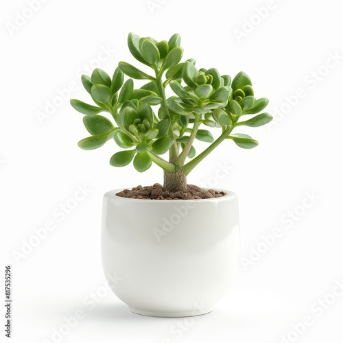A jade plant sits in a white pot on a clean white background