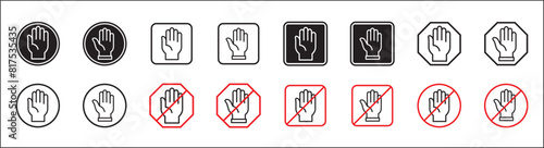Stop hand icon. Forbidden sign collection. Hand gesture restriction symbol. No entry signs. Vector graphic design template isolated on white background. Symbol of forbidden, restricted area, banned.