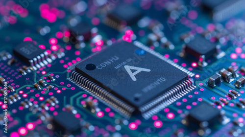 Close-up of advanced microchip for artificial intelligence training acceleration. AI letters on colorful computer chip. 