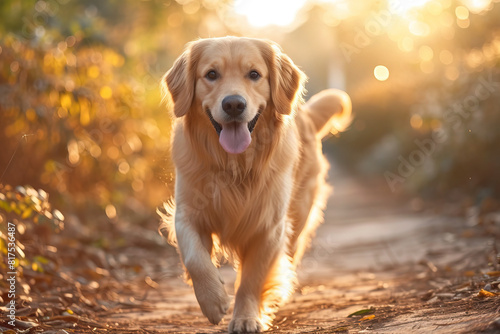 Happy Golden Retriever Dog Running On A Sunny Pathway Surrounded By Autumn Leaves