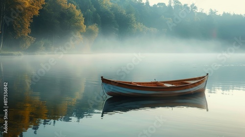 Boat in the middle of a foggy lake with a green forest background