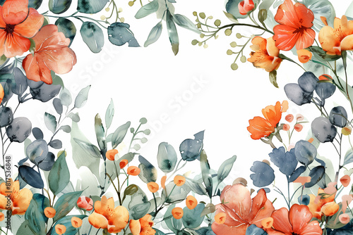 Watercolor painting of orange flowers frame on white background