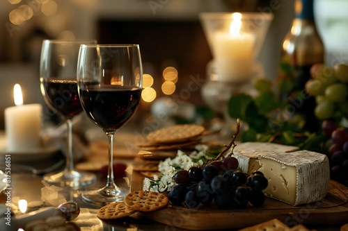 Romantic Evening with Red Wine  Cheese  and Grapes by Candlelight