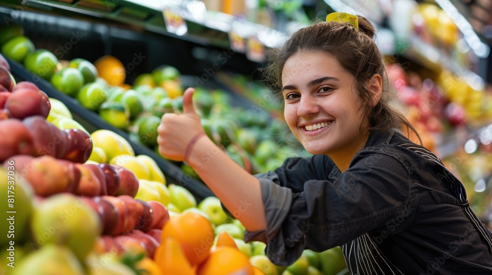 Happy employee giving thumbs up in fruit and vegetable department.