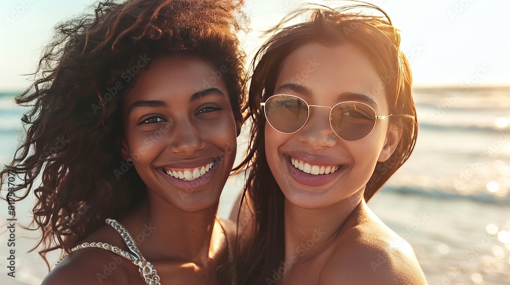 Happy friends enjoying a beach vacation. Two women posing for a photo. Happy friends enjoying a beach vacation. Two women posing for a photo.