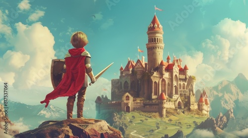 Smart brave hero in knight uniform standing at hill and looking at castle. Cute boy planning to conquer the castle while holding the iron sword surrounded with green grass in magical world. AIG42. photo